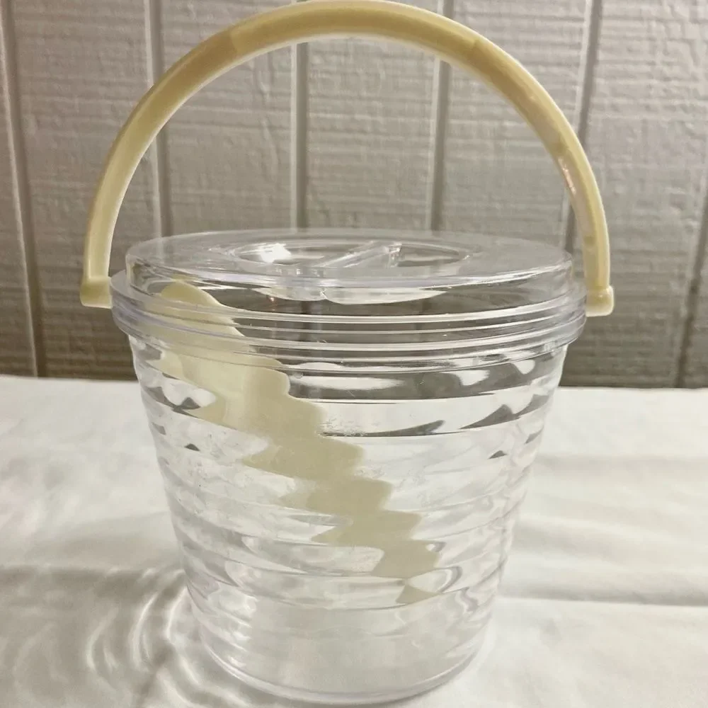 Vintage MCM Plastic Ribbed Ice Bucket w Cream Handle and Tongs EVC.
